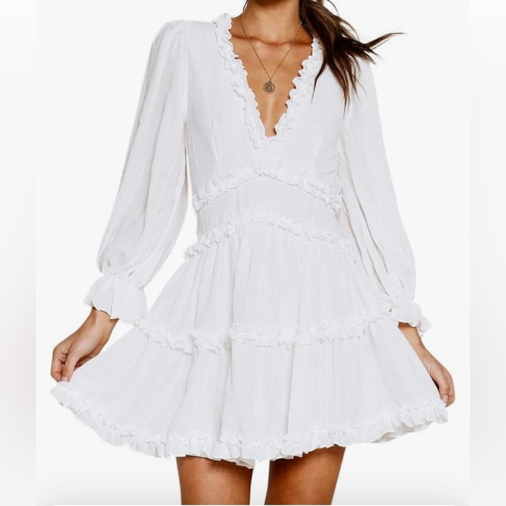 White Ruffle Long Sleeve Dress Coquette Boho Soft Girl